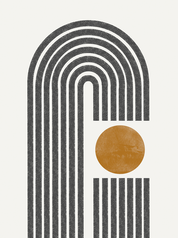 Grafische Illustration mit schwarzen Linien, die einen Bogen bilden, und einem orangefarbenen Kreis auf grauem Hintergrund.