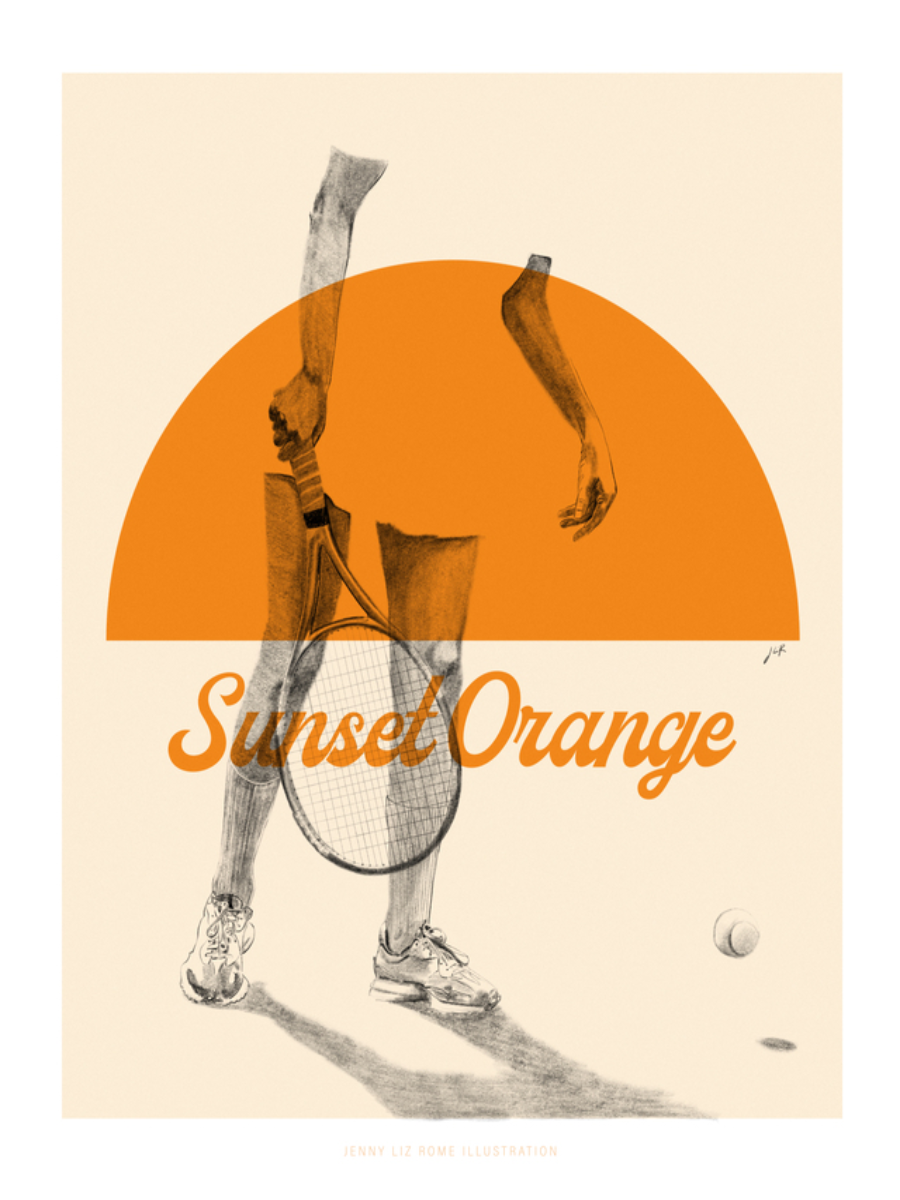 Grafische Illustration einer Tennisspielerin vor einem orangefarbenen Halbkreis mit dem Text "Sunset Orange".