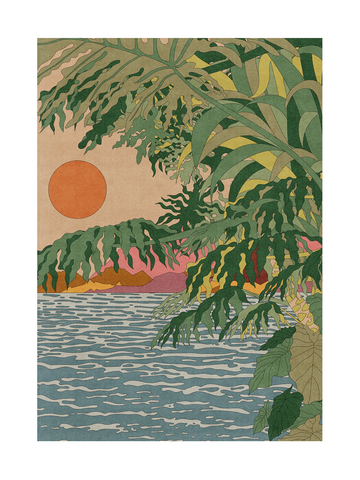 Illustration einer tropischen Landschaft mit orangefarbener Sonne über einem Ozean, umgeben von grünen Pflanzen.