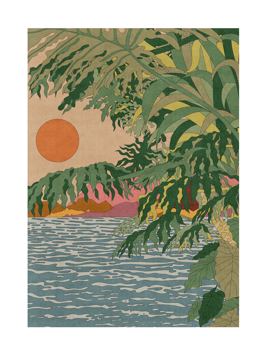 Illustration einer tropischen Landschaft mit orangefarbener Sonne über einem Ozean, umgeben von grünen Pflanzen.