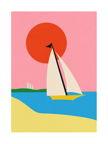 Ein Segelboot auf dem Wasser mit einem großen roten Kreis dahinter vor einem rosa Hintergrund.