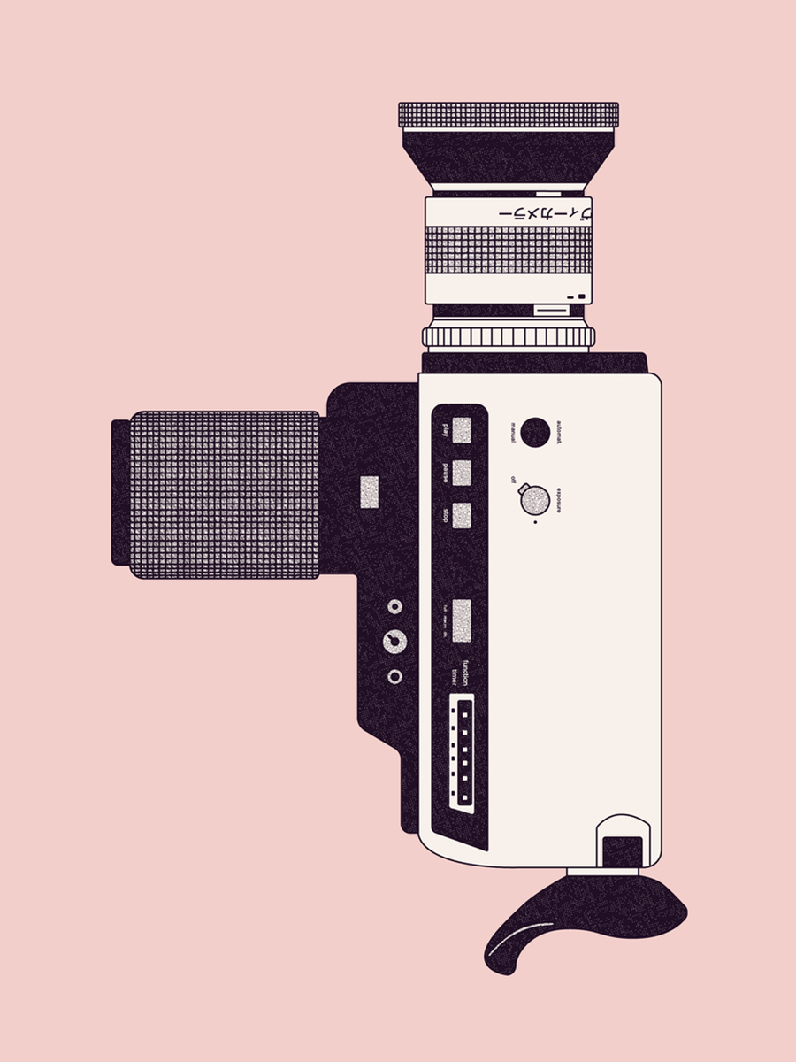 Illustration einer Vintage-Filmkamera in Schwarz und Weiß auf rosa Hintergrund.