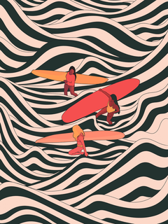 Illustration von drei Frauen, die auf einem gestreiften Meer surfen.