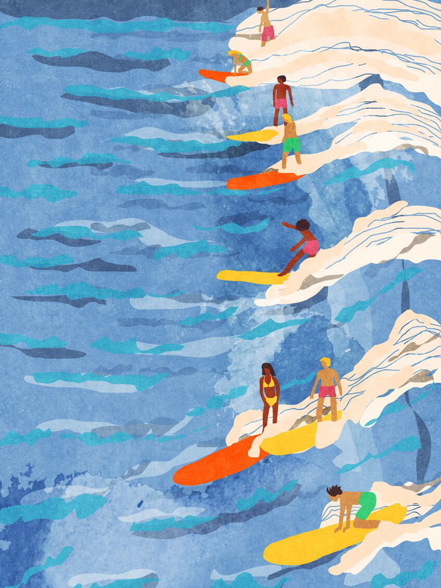 Illustration von Surfern auf bunten Surfbrettern im blauen Meer.