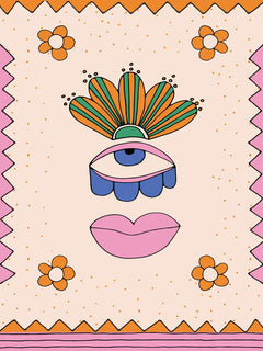 Surrealistisches Gesicht mit einem Auge und Lippen, umgeben von bunten Blumen.