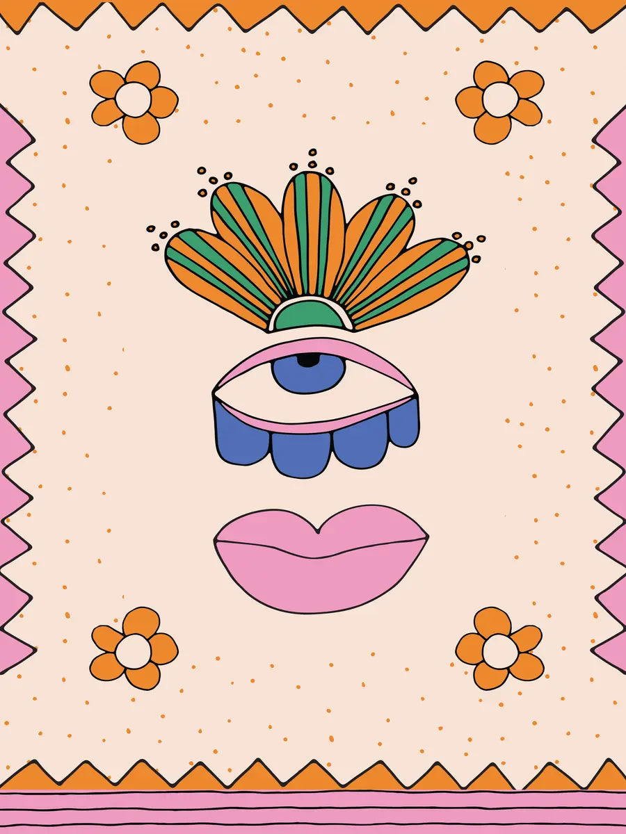 Surrealistisches Gesicht mit einem Auge und Lippen, umgeben von bunten Blumen.