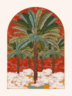 Illustration von Palmen, die aus Wolken wachsen, in Rot, Grün und Weiß.