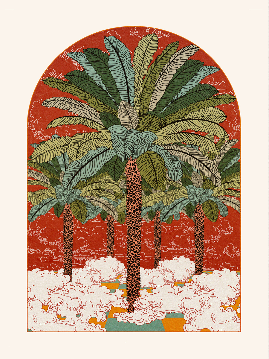 Illustration von Palmen, die aus Wolken wachsen, in Rot, Grün und Weiß.