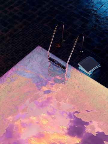 Fotografie eines Pools mit rosa Wolkenreflexion und einem Handtuch daneben.