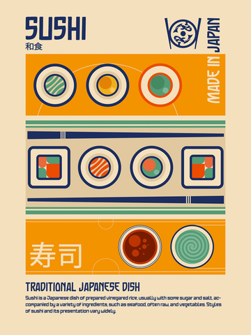 Grafische Illustration von Sushi mit japanischen Schriftzeichen und Text.