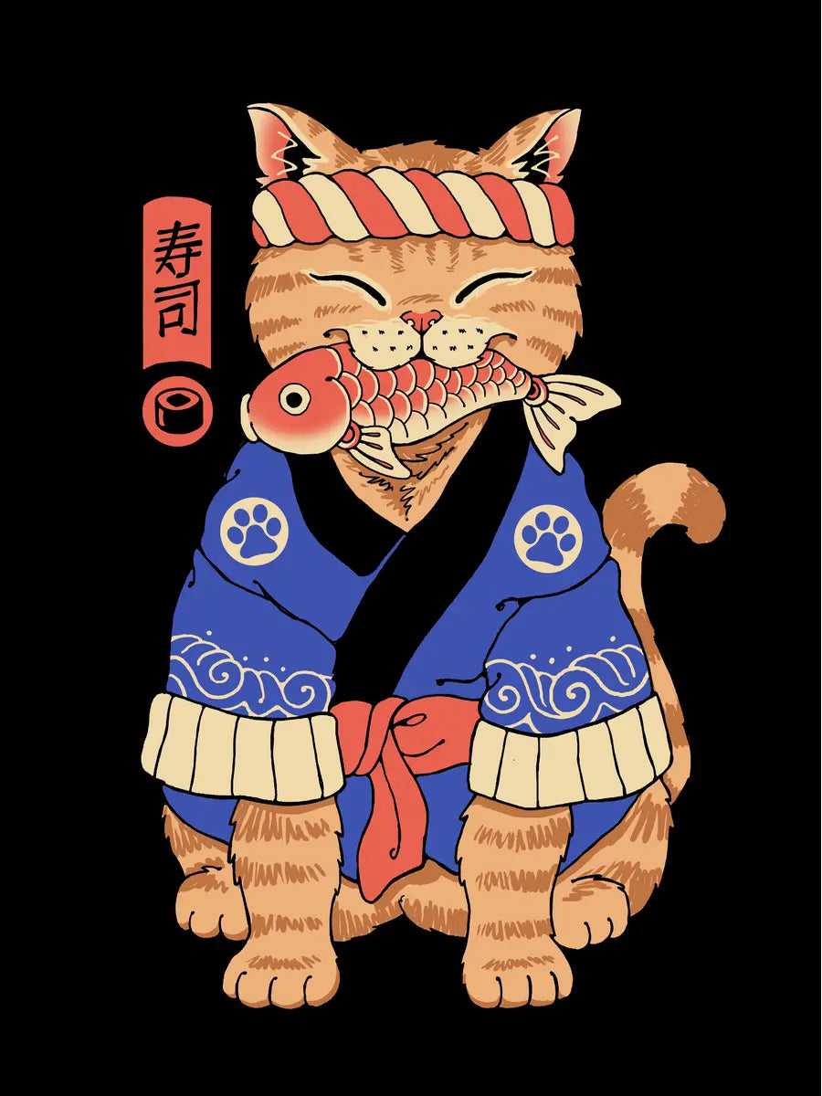 Illustration einer Katze in japanischer Kleidung, die Sushi isst, auf schwarzem Hintergrund.