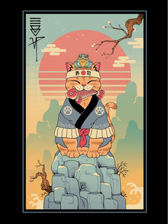 Illustration einer Katze in Sushi-Kleidung mit einem Frosch auf dem Kopf, auf einem Felsen vor rotem Himmel.