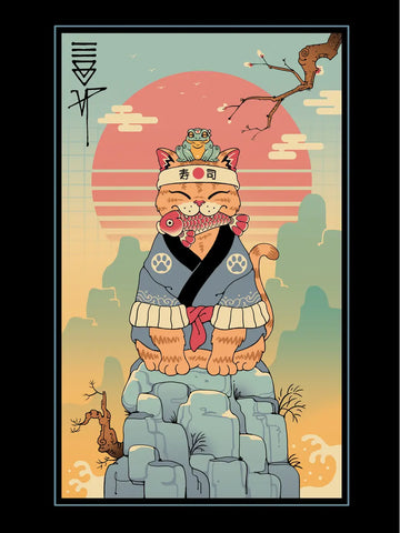 Illustration einer Katze in Sushi-Kleidung mit einem Frosch auf dem Kopf, auf einem Felsen vor rotem Himmel.