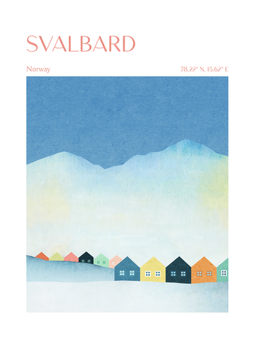 Poster mit dem Wort Svalbard in Rosa, darunter bunte Häuser im Schnee vor blauen Bergen.