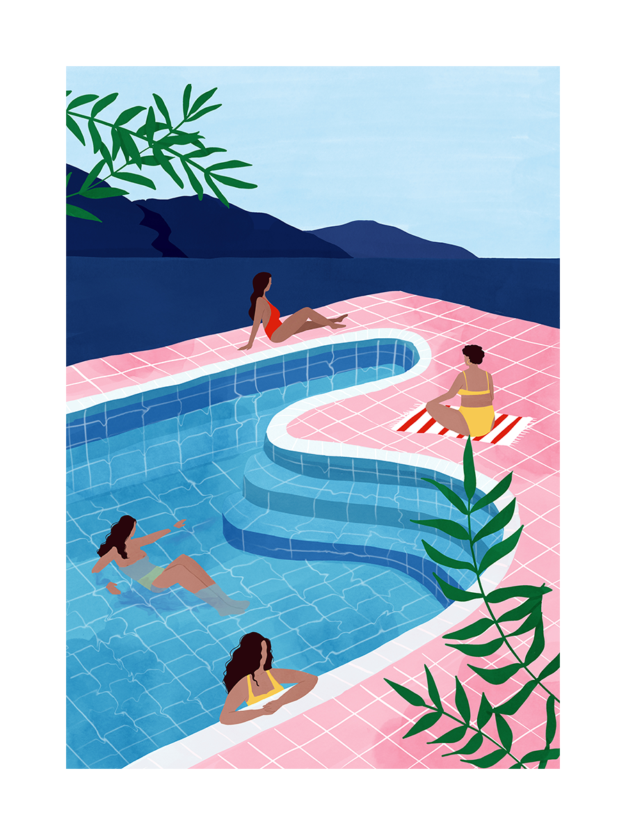 Grafische Illustration von Frauen in einem Pool mit blauem Meer und Pflanzen im Hintergrund.