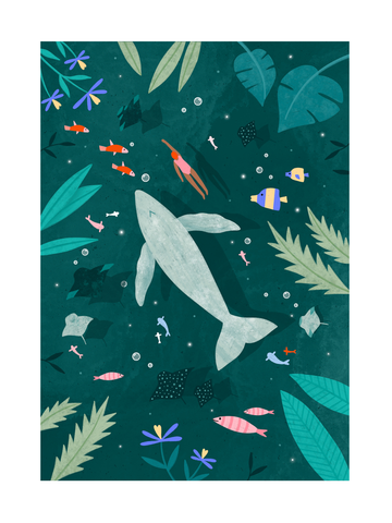 Illustration einer Person, die mit einem weißen Wal und bunten Fischen schwimmt, umgeben von grünen Blättern.