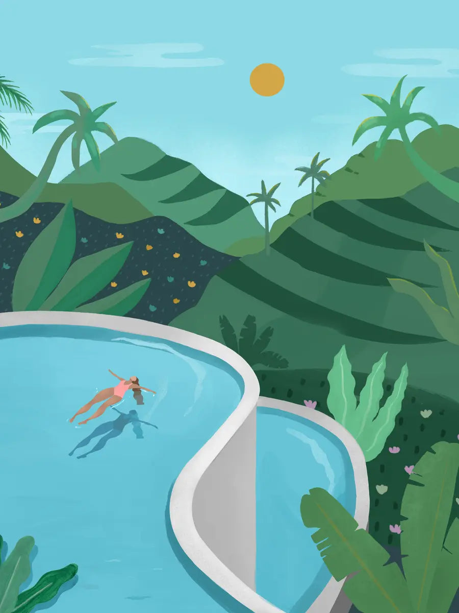 Illustration einer Frau, die in einem Pool schwimmt, umgeben von tropischen Pflanzen und grünen Hügeln im Hintergrund.