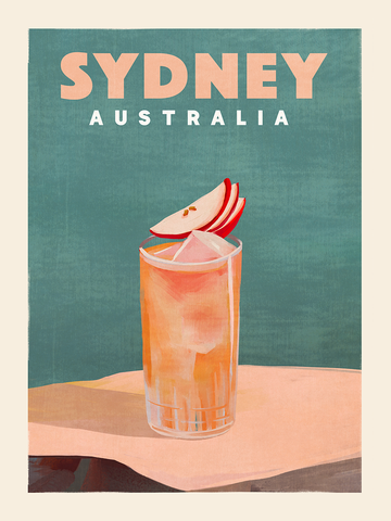 Poster eines Cocktails mit Apfelscheiben vor einem grünen Hintergrund und dem Text "Sydney, Australia".