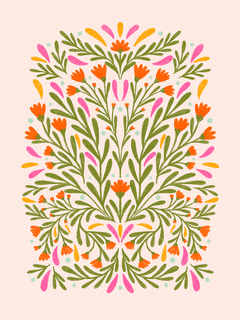 Grafisches Poster mit symmetrischem Blumenmuster in Grün, Orange, Rosa und Gelb auf hellrosa Hintergrund.