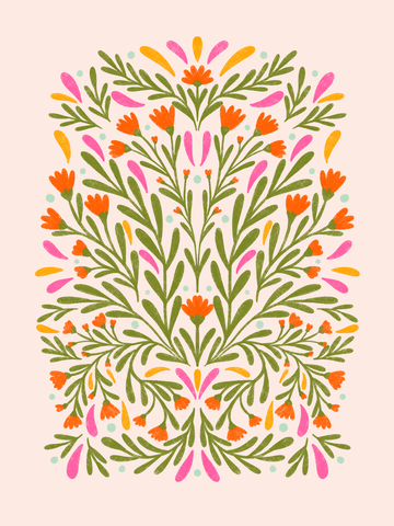 Grafisches Poster mit symmetrischem Blumenmuster in Grün, Orange, Rosa und Gelb auf hellrosa Hintergrund.