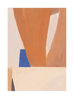 Abstrakte Illustration mit blauem Becher und braunen Formen auf hellbeigem Hintergrund.
