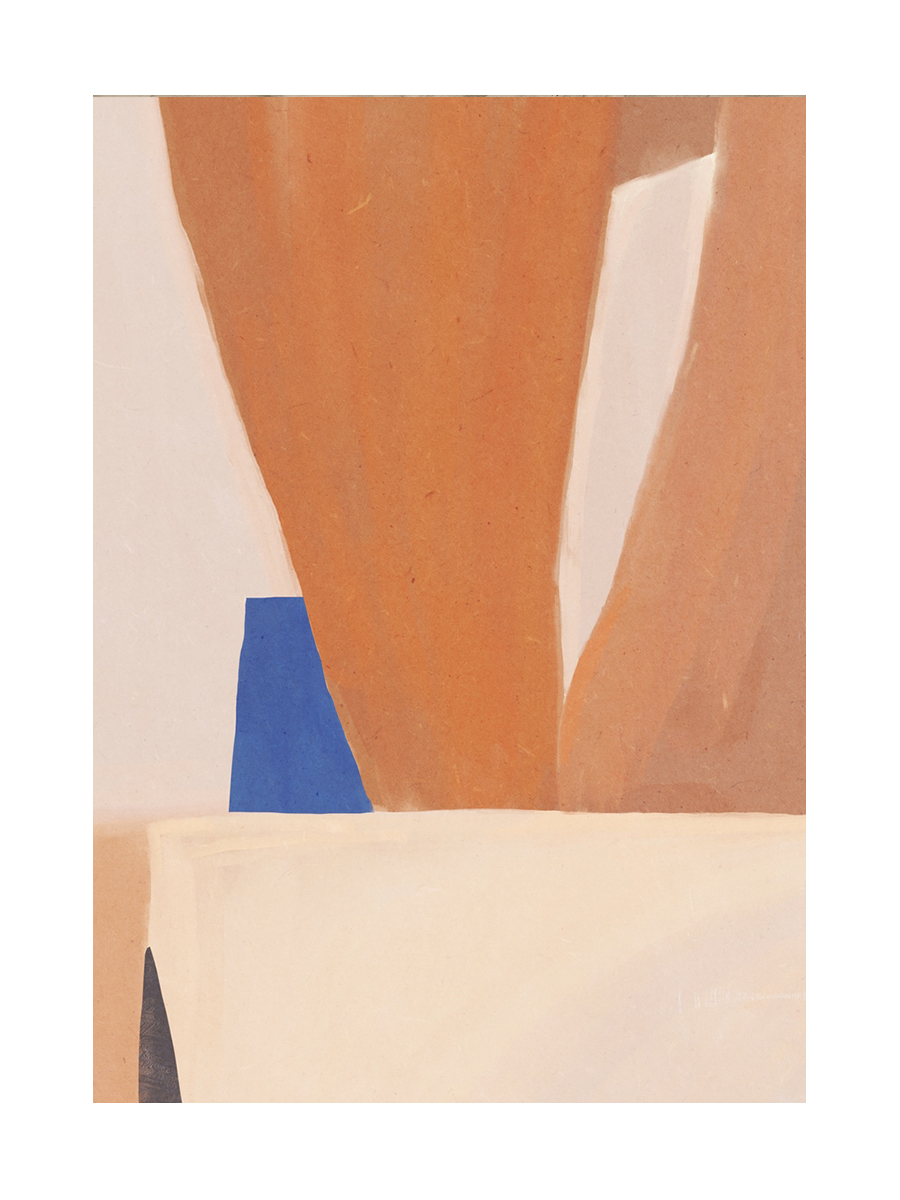 Abstrakte Illustration mit blauem Becher und braunen Formen auf hellbeigem Hintergrund.