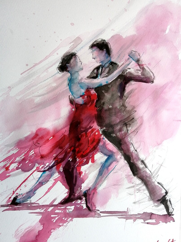 Aquarell-Illustration eines Tango tanzenden Paares in Rot und Schwarz.