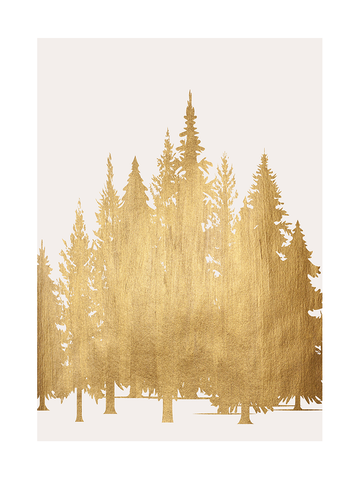 Grafische Illustration eines goldenen Waldes auf hellgrauem Hintergrund.