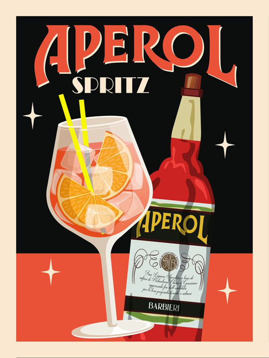 Retro-Poster eines Aperol Spritz mit Flasche und Glas vor schwarzem Hintergrund.