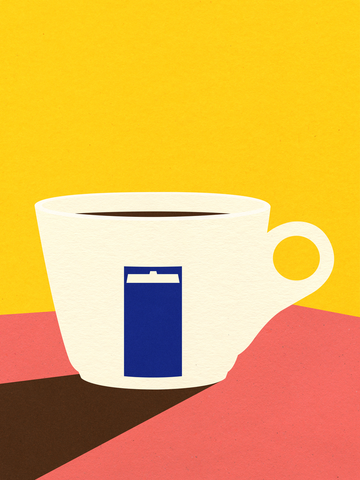 Illustration einer Kaffeetasse mit einem blauen Batterie-Symbol auf gelbem und rosa Hintergrund.