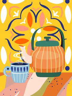 Illustration einer Teekanne und Tasse vor einem gelben Hintergrund mit buntem Muster.