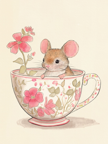 Illustration einer kleinen Maus in einer Teetasse mit Blumenmuster.