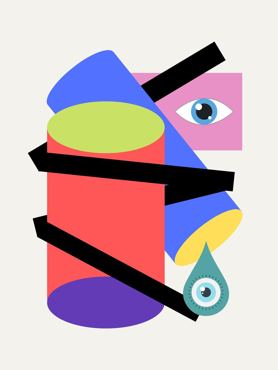 Abstrakte Kunst mit einem Auge und einer Träne in einem farbigen Zylinder.