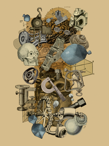 Collage aus technischen Zeichnungen und Illustrationen auf beigem Hintergrund.