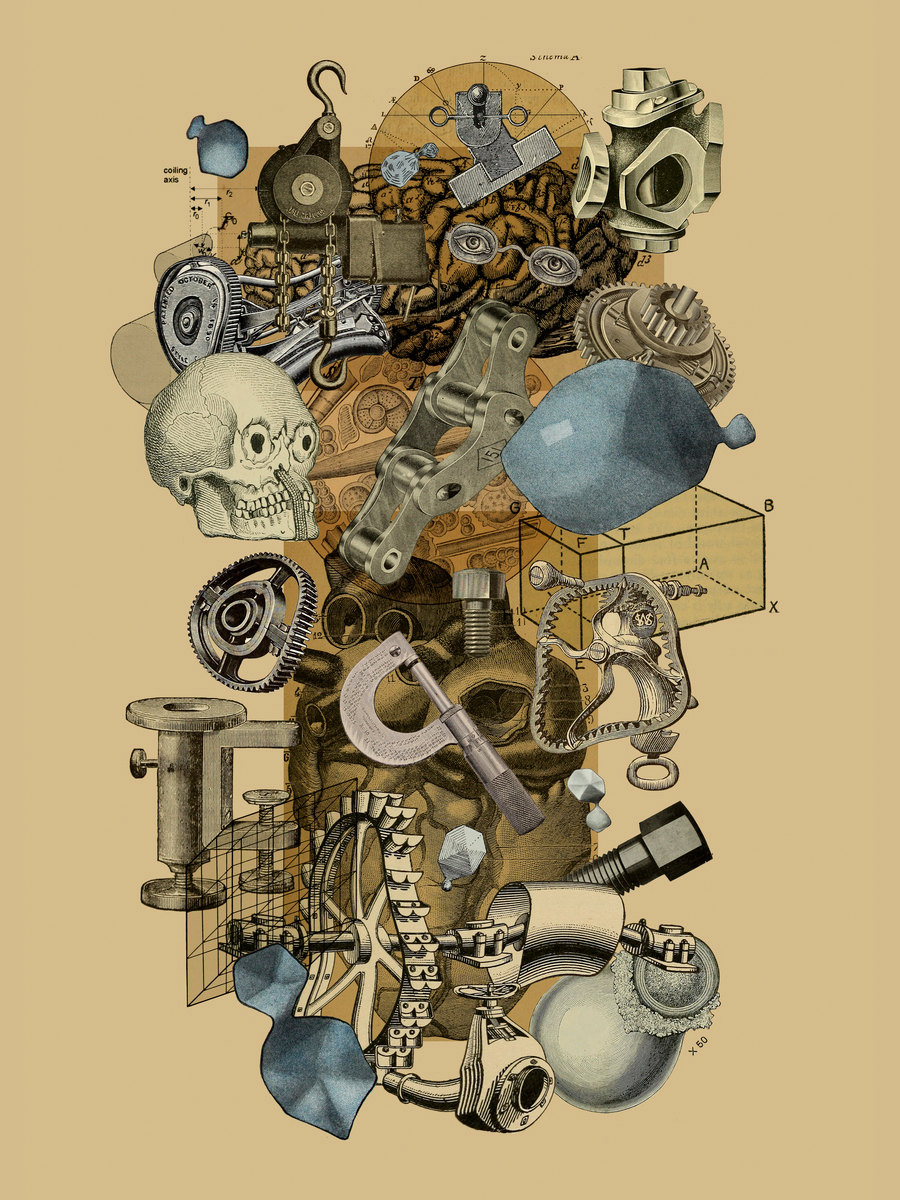 Collage aus technischen Zeichnungen und Illustrationen auf beigem Hintergrund.