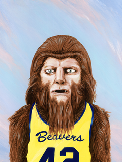 Werwolf in gelbem Basketballtrikot mit der Nummer 42 vor hellblauem und rosa Hintergrund.