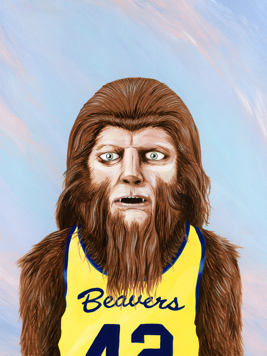 Werwolf in gelbem Basketballtrikot mit der Nummer 42 vor hellblauem und rosa Hintergrund.