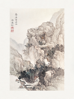 Illustration von Steintreppen, die zu einem Tempel in den Bergen führen.