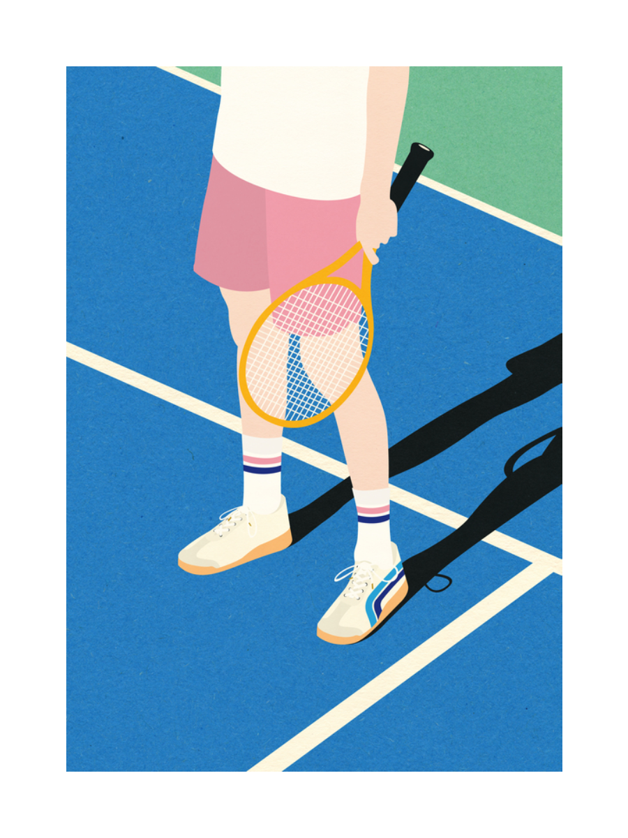 Illustration einer Person mit Tennisschläger auf einem blau-grünen Tennisplatz.