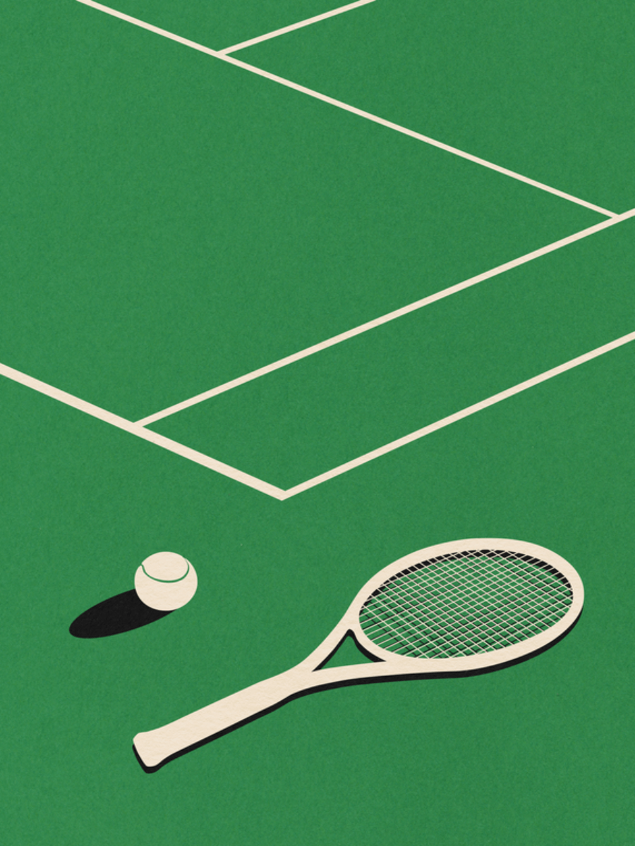 Illustration eines Tennisplatzes mit Tennisschläger und Tennisball auf grünem Hintergrund.