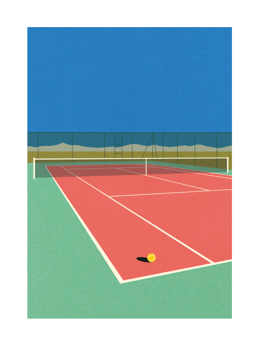 Grafische Illustration eines Tennisplatzes in Rot und Grün mit blauem Himmel.