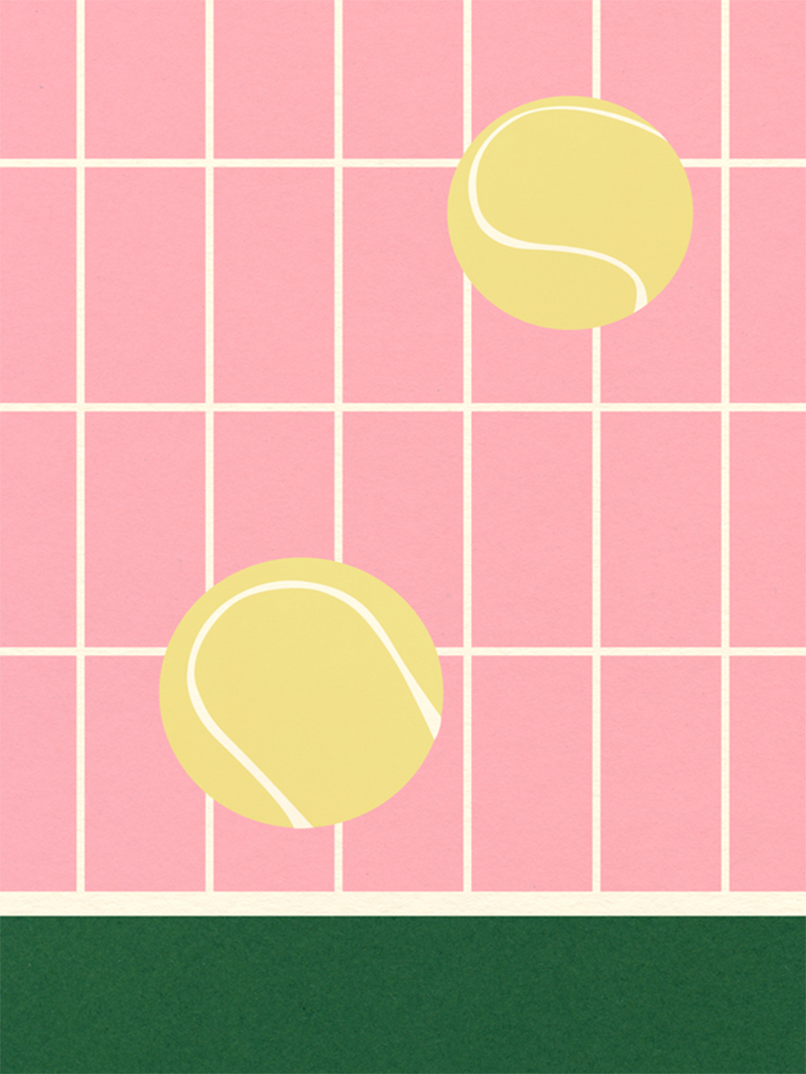 Illustration eines Tennisplatzes mit gelben Tennisbällen auf rosa Hintergrund.