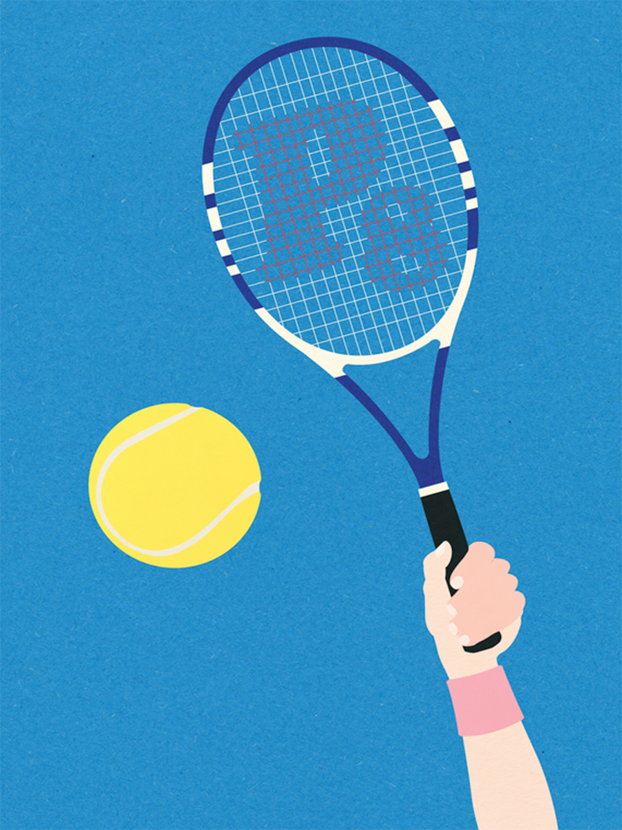 Illustration eines Tennisschlägers und Tennisballs vor einem blauen Hintergrund.