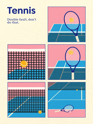 Poster mit der Tennisregel "Double Fault" und einem Tennisplatz in leuchtenden Farben.