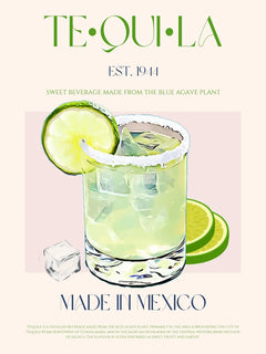 Poster eines Tequila-Cocktails mit Limettenscheiben und Eiswürfeln, Text über Tequila.