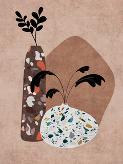 Illustration von zwei Vasen mit Terrazzo-Muster auf rosa Hintergrund.