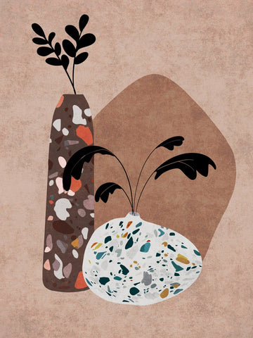 Illustration von zwei Vasen mit Terrazzo-Muster auf rosa Hintergrund.