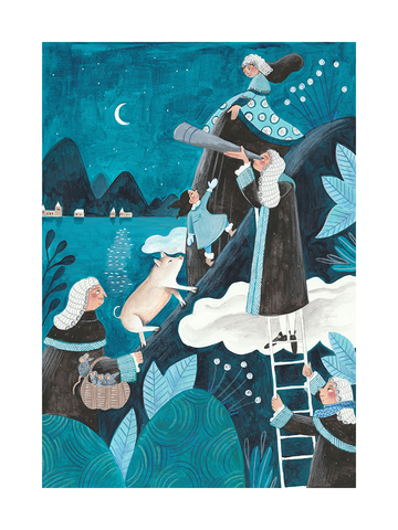 Illustration von Menschen und einem Schwein, die den Nachthimmel betrachten, in tiefem Türkis.