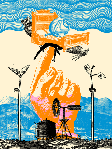 Bunte Collage mit einer Hand, die ein Bett balanciert, umgeben von Mäusen, Pflanzen und einer Landschaft.