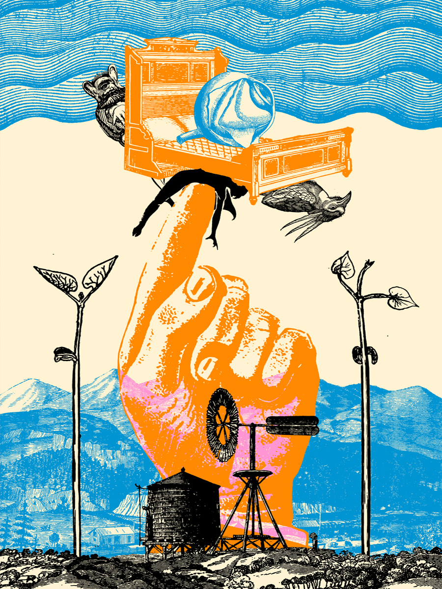 Bunte Collage mit einer Hand, die ein Bett balanciert, umgeben von Mäusen, Pflanzen und einer Landschaft.